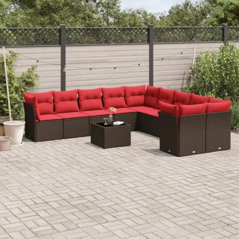 Gepoedercoat staal loungeset met poly rattan voor een comfortabele zitervaring - Bruin en rood / Met tafel - Tuinsets