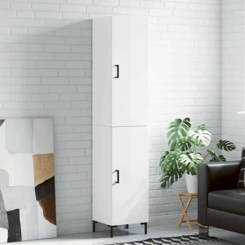 Hoge kast van bewerkt hout met duurzame charme en stijlvolle uitstraling - Hoogglans wit / 1 / 1 deur - Dressoirs &