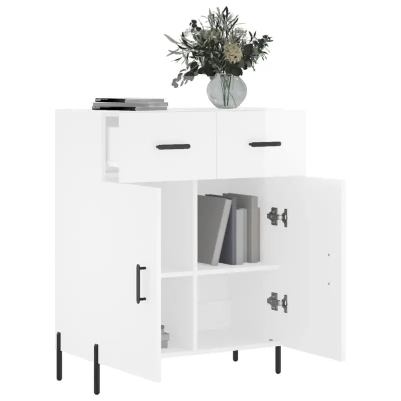 Hoogglans wit dressoir met metalen poten en bewerkt hout - Dressoirs & buffetkasten