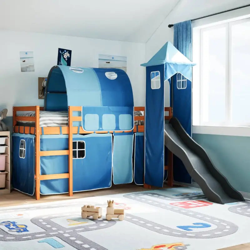 Hoogslaper voor kinderen van massief grenenhout met ruimtelijke functie - Bruin en blauw / 90 x 190 cm - Bedden &