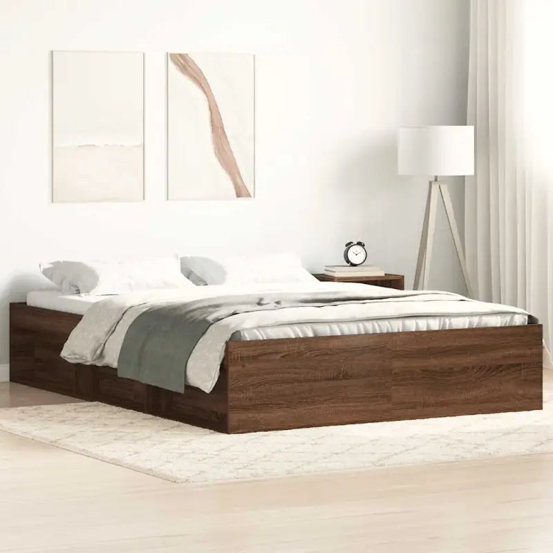 Houten bedframe met multiplex lattenbodem voor een moderne slaapkamer - bruin eikenkleur / 140 x 200 cm - Bedden &