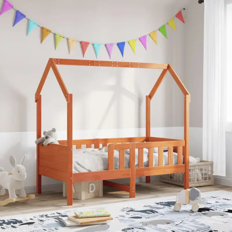 Houten kinderbedframe met open dakstructuur en massief grenenhout - Wasbruin / 70 x 140 cm - Bedden & bedframes