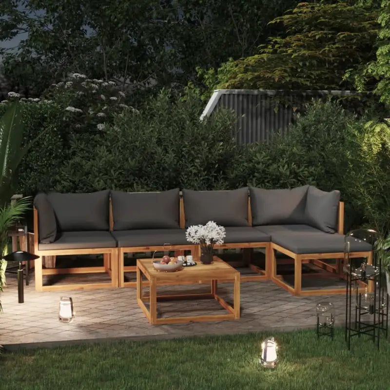Houten Loungeset van massief acaciahout voor tuinplezier - Donkergrijs / 2x midden + 2x hoek + voetensteun + Tafel