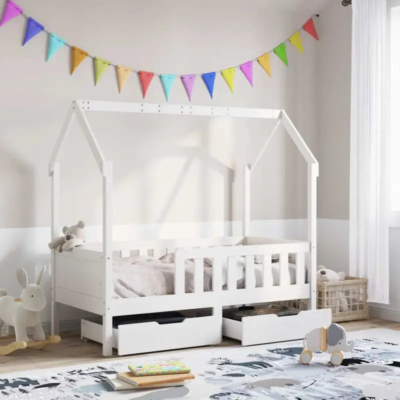 Kinderbed met huisje in massief grenenhout en open dakstructuur - Wit / 70 x 140 cm - Bedden & bedframes