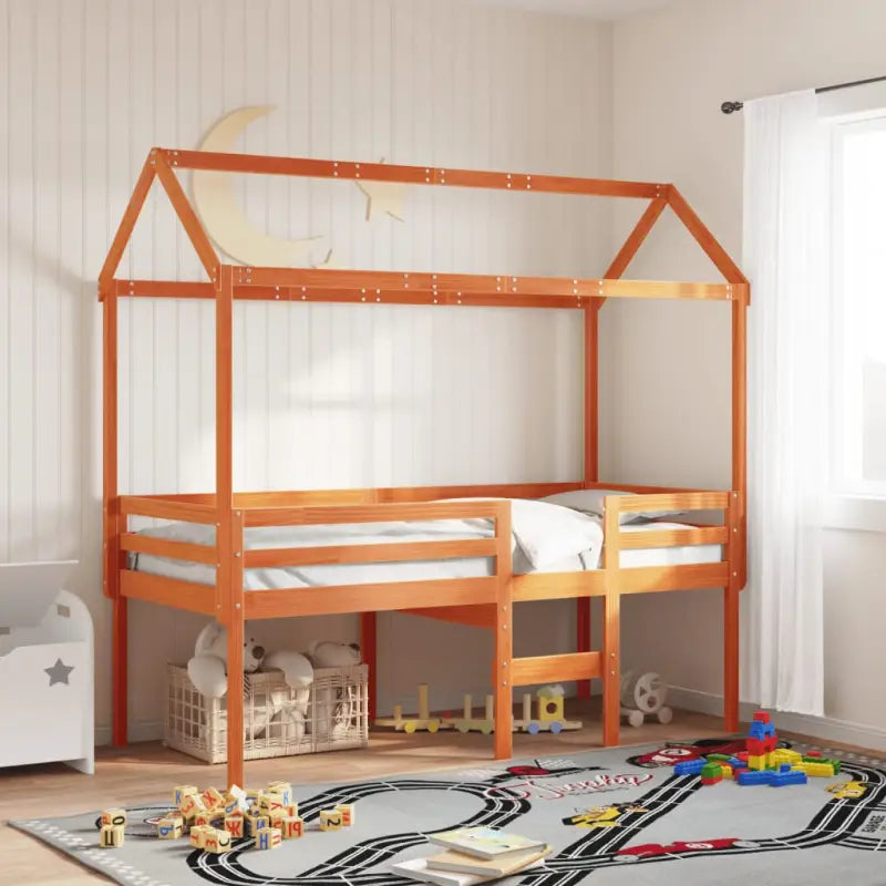 Kinderbedhuisje met open zijdeur van massief grenenhout - Wasbruin / 217 x 85.5 x 154 cm - Accessoires voor bedden