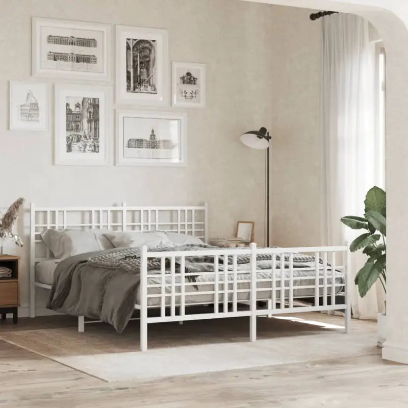 Klassiek metalen bedframe met extra opbergruimte en metalen latten - Wit / 150 x 200 cm / met hoofdbord & voetbord