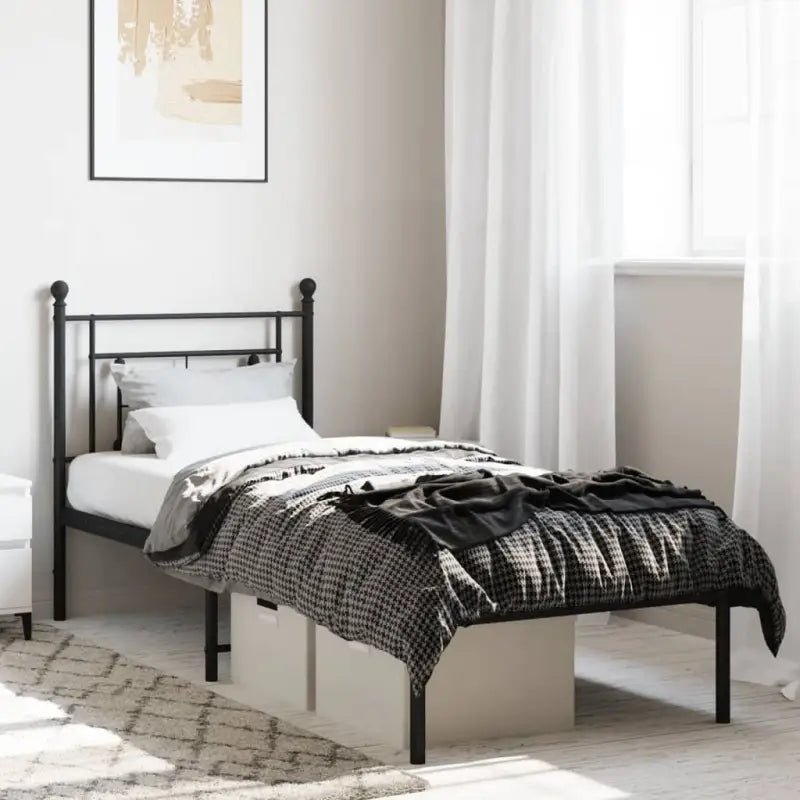 Klassiek metalen bedframe met extra opbergruimte en metalen latten - Zwart / 75 x 190 cm / met hoofdbord - Bedden &
