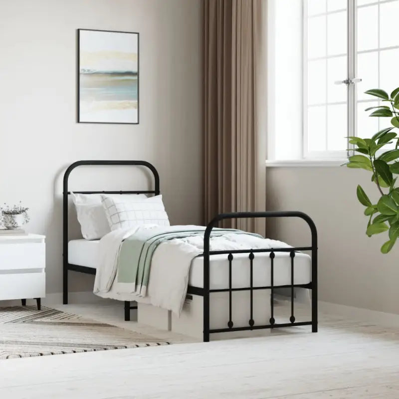 Klassiek metalen bedframe met extra opbergruimte en metalen latten - Zwart / 75 x 190 cm / met hoofdbord & voetbord