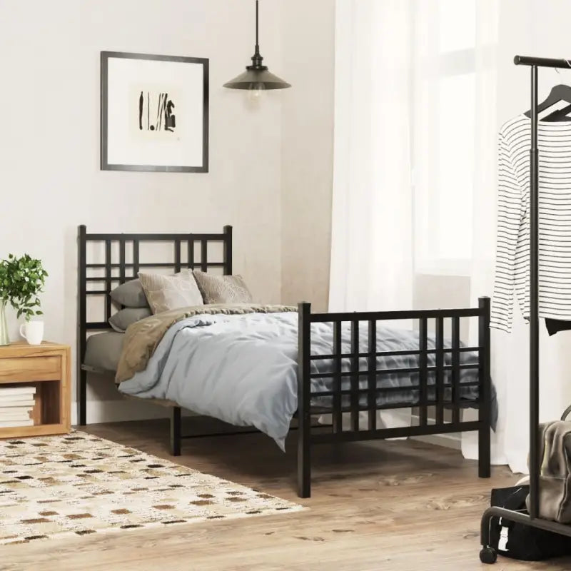 Klassiek metalen bedframe met extra opbergruimte en metalen latten - Zwart / 75 x 190 cm / met hoofdbord & voetbord
