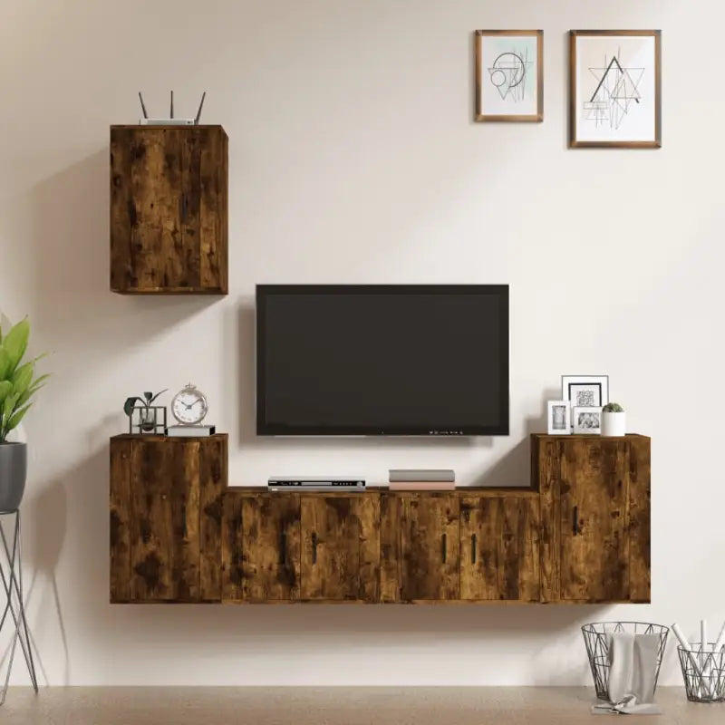Klassieke Tv-meubel met hoogglans wit en bewerkt hout design - Gerookt eiken / 5 - Tv-meubels