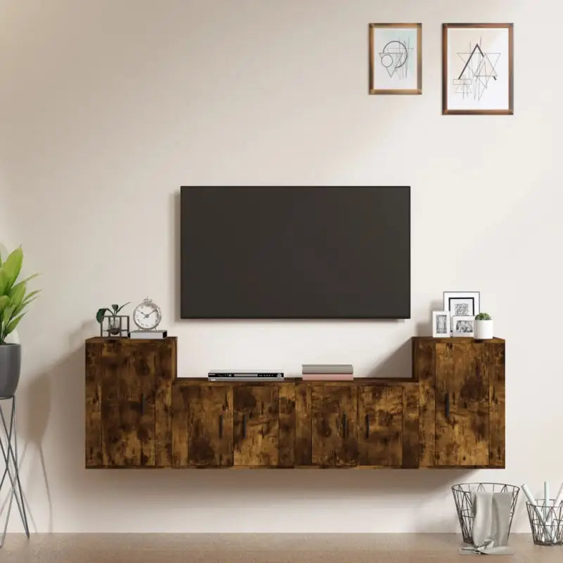 Klassieke TV-meubelset van bewerkt hout met trendy en praktische design - Gerookt eiken / 4 - Tv-meubels