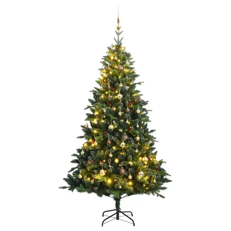 Levensechte kunstkerstboom met rode bessen en automatische takken - 210 cm / 1 / met LED’s en goudkleurige ballen