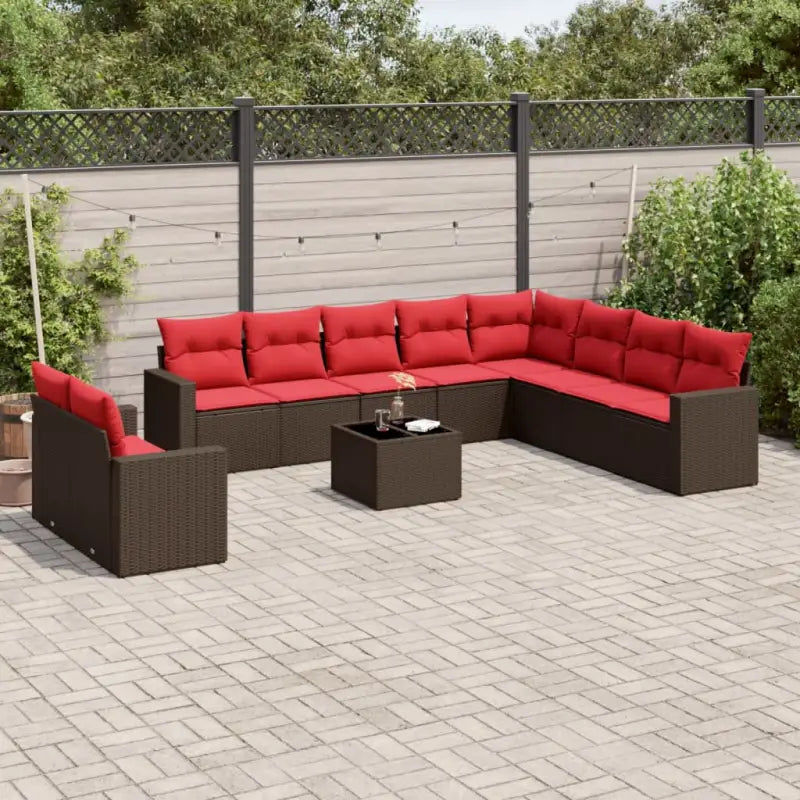 Lounge loungeset van poly rattan met bruin materiaal en gepoedercoat staal - Bruin en rood / Met tafel - Tuinsets