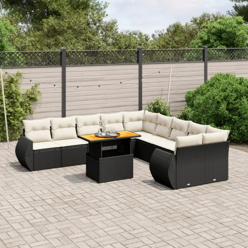 Lounge Tuinset met zwart materiaal en gepoedercoat staal afmetingen - Zwart en crème / 4x hoek + 6x midden + Tafel