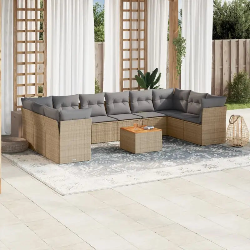 Lounge tuinstoelen van poly rattan en gepoedercoat staal - Beige en grijs / 4x hoek + 6x midden + Tafel - Tuinsets