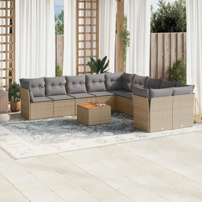Lounge tuinstoelen van poly rattan en gepoedercoat staal - Beige en grijs / Tafel + 6x midden + 4x hoek - Tuinsets