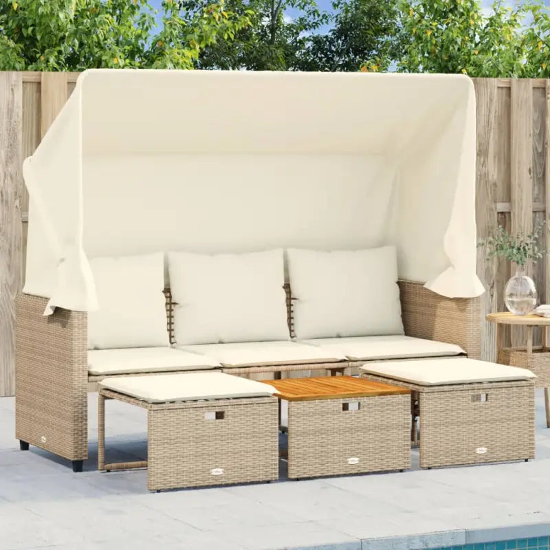 Loungebank met luifel en voetenbanken van poly rattan met gepoedercoat staal - Beige / 1 - Loungebanken