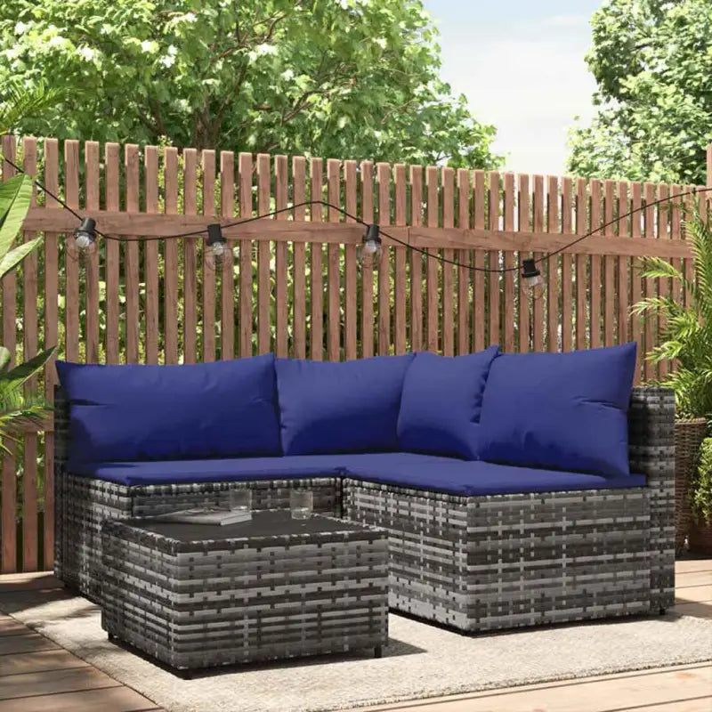 Loungebank met poly rattan en afmetingen kussen voor tuinplezier - Grijs en blauw / 1 / hoek + 2x midden + Tafel