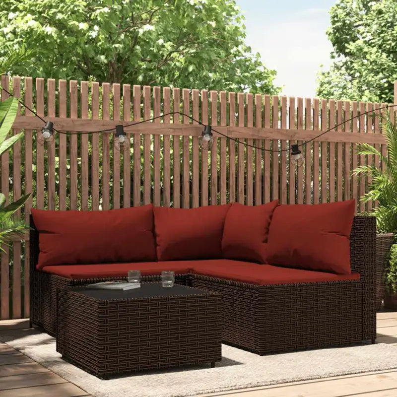 Loungebank met poly rattan en afmetingen kussen voor tuinplezier - Bruin en rood / 1 / hoek + 2x midden + Tafel