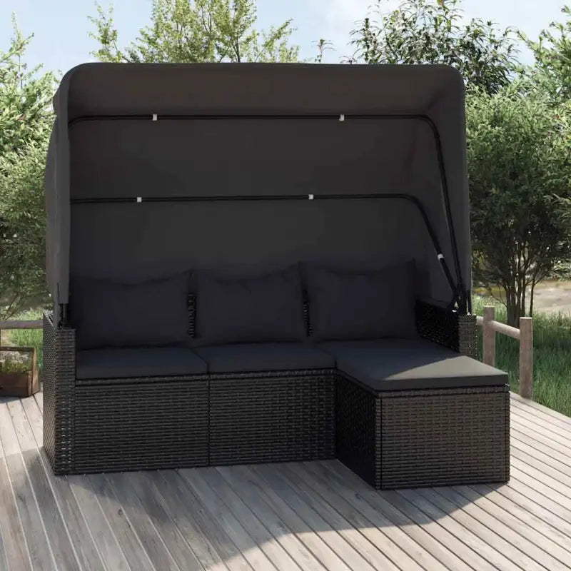 Loungebank met voetenbank van poly rattan en gepoedercoat staal zwart materiaal - Zwart / 1 - Loungebanken