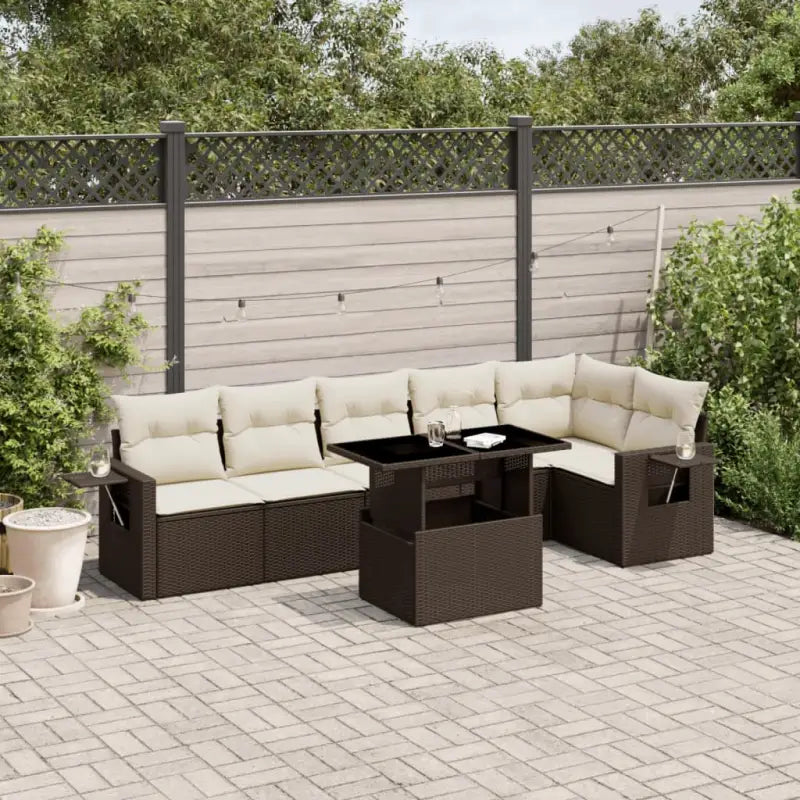 Loungebank set met beige materiaal en gepoedercoat staal afmetingen - Bruin en crème / Met tafel - Tuinsets
