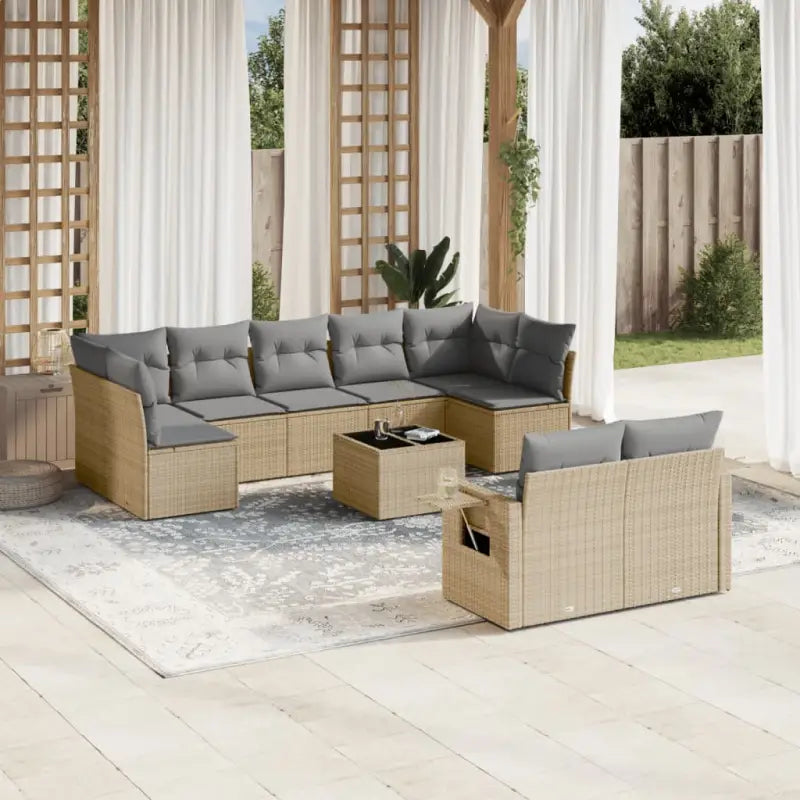 Loungebank van beige materiaal en gepoedercoat staal voor tuin of terras - beige en lichtgrijs / Met tafel - Tuinsets