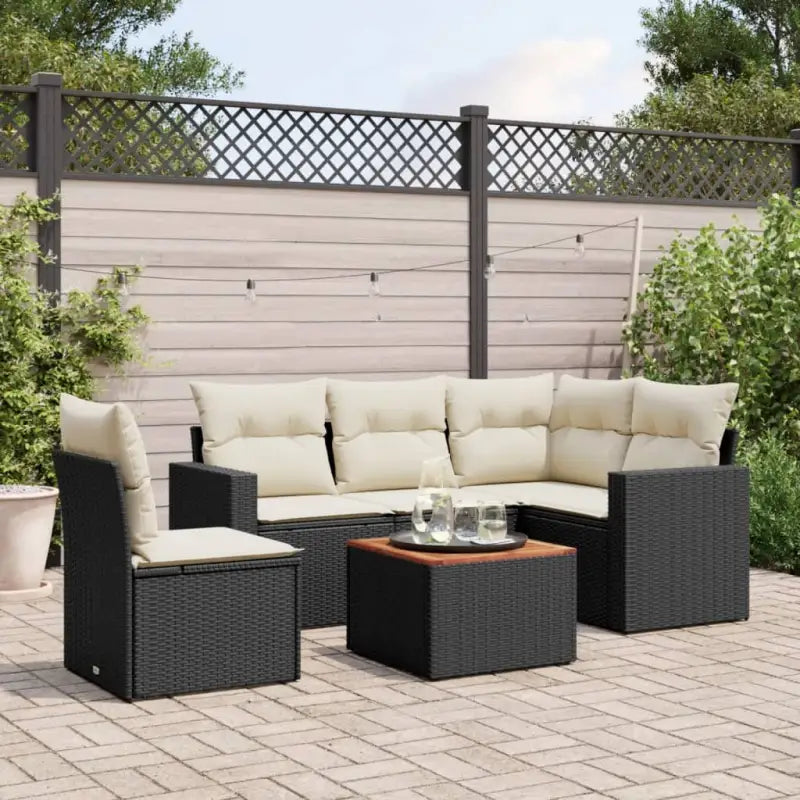 Loungebank van gemengd beige materiaal voor tuin of terras - Zwart en crème / Tafel + hoek + 2x midden - Tuinsets