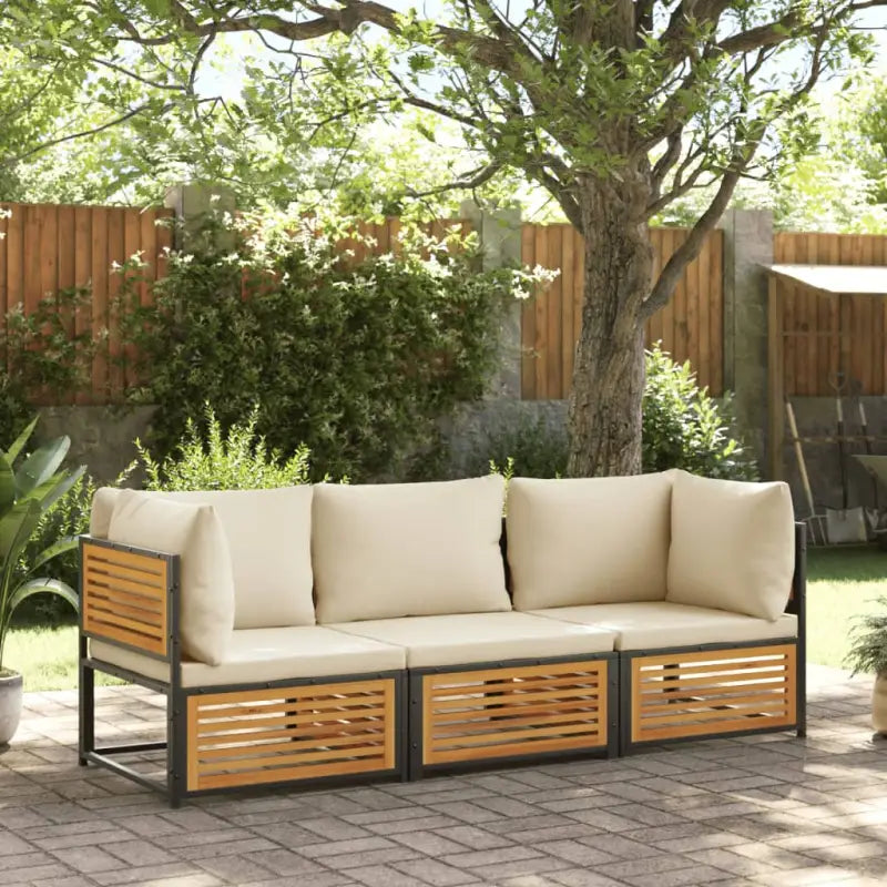 Loungebank van massief acaciahout en gepoedercoat staal voor comfort - Crème / 3 seater - Tuinsets