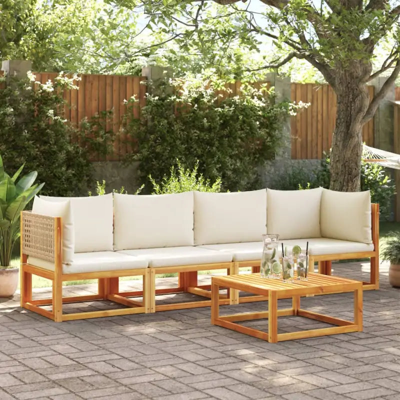 Loungebank van massief acaciahout met kleur per rattan en comfortabele rugkussens - beige en crèmekleurig / 4- seater