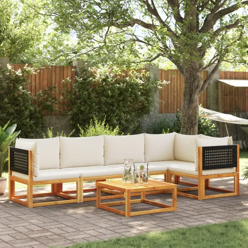 Loungebank van massief acaciahout met kleur per rattan en comfortabele rugkussens - Zwart en crème / 2x midden + 3x