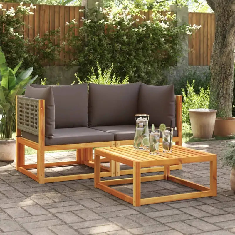 Loungebank van massief acaciahout met kleur per rattan en comfortabele rugkussens - Grijs / Tweezitsbank - Tuinsets