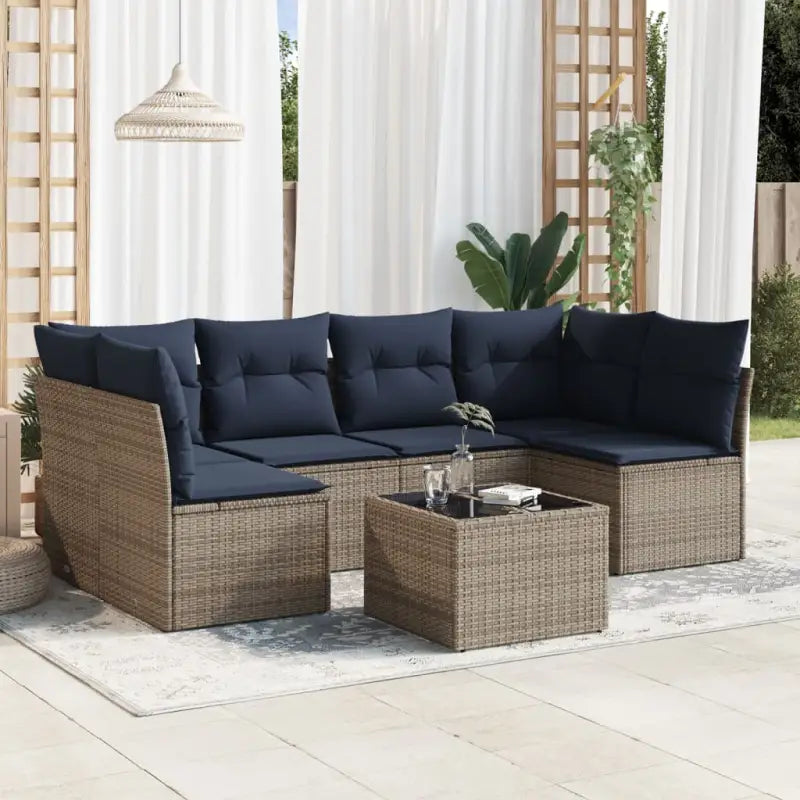 Loungebank van poly rattan met comfortabele zitervaring en gepoedercoat staal - grijs en marineblauw / Met tafel