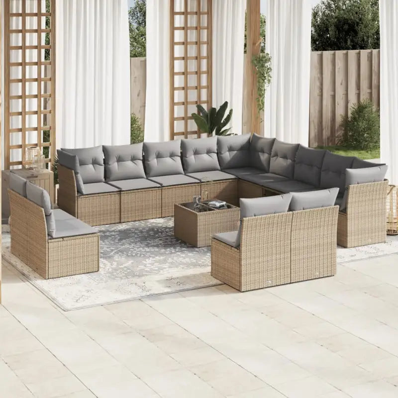 Loungebank van poly rattan met comfortabele zitervaring en gepoedercoat staal - Beige en grijs / Met tafel - Tuinsets