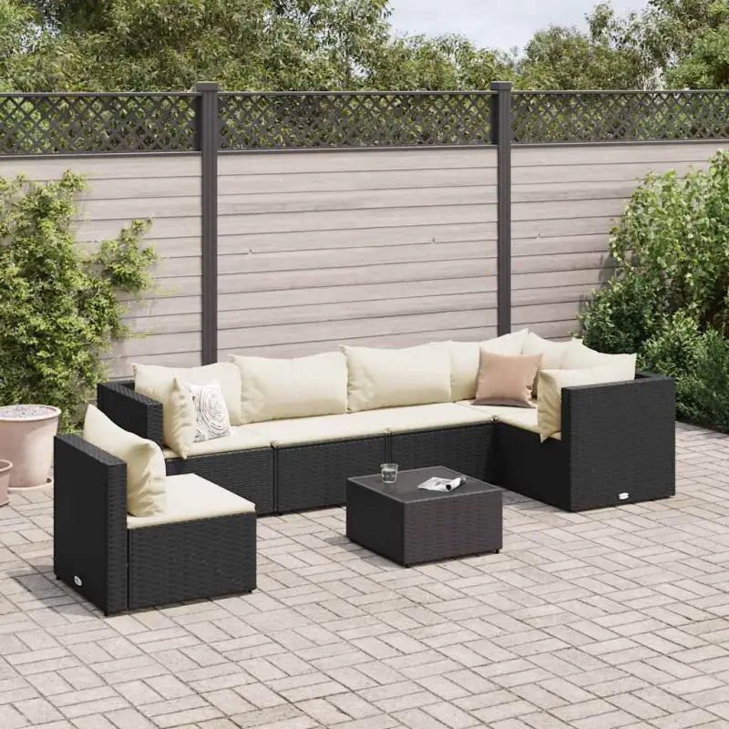 Loungebank van poly rattan met gepoedercoat staal en afmetingen rugkussen - Zwart en crème / 3x hoek + 3x midden