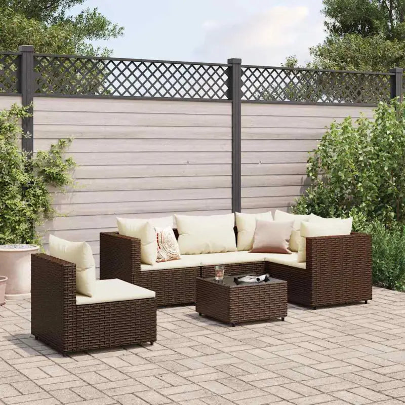 Loungebank van poly rattan met gepoedercoat staal en afmetingen rugkussen - Bruin en crème / 3x hoek + 2x midden