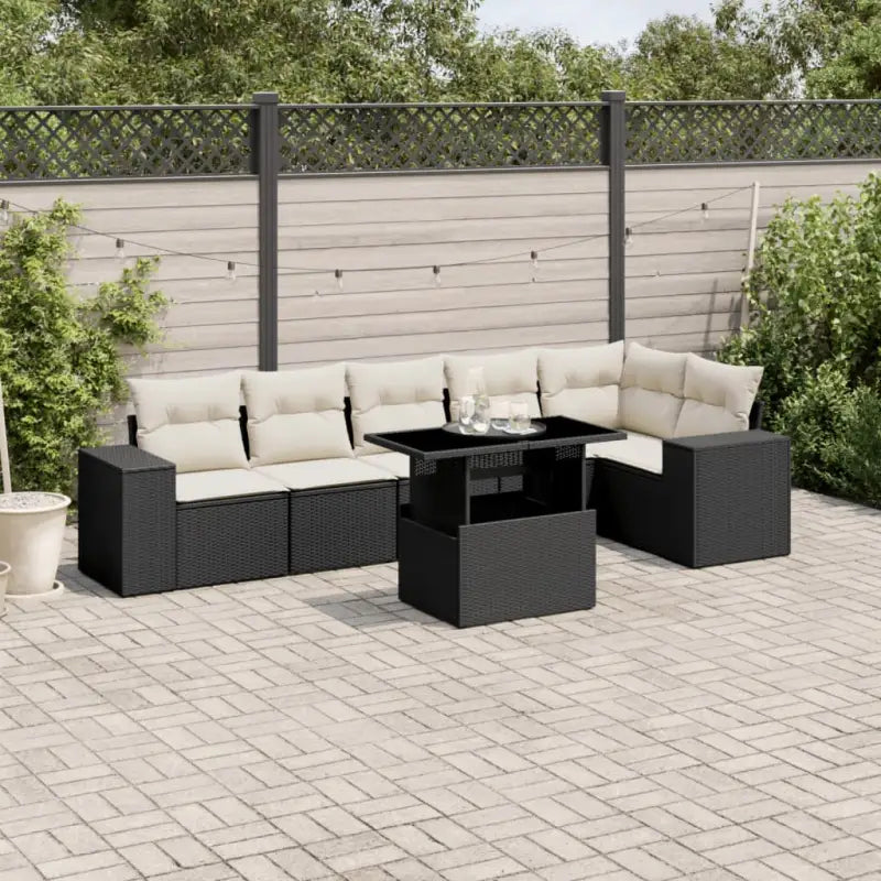 Loungebank voor tuin met zwart materiaal en gepoedercoat staal - Zwart en crème / Met tafel - Tuinsets