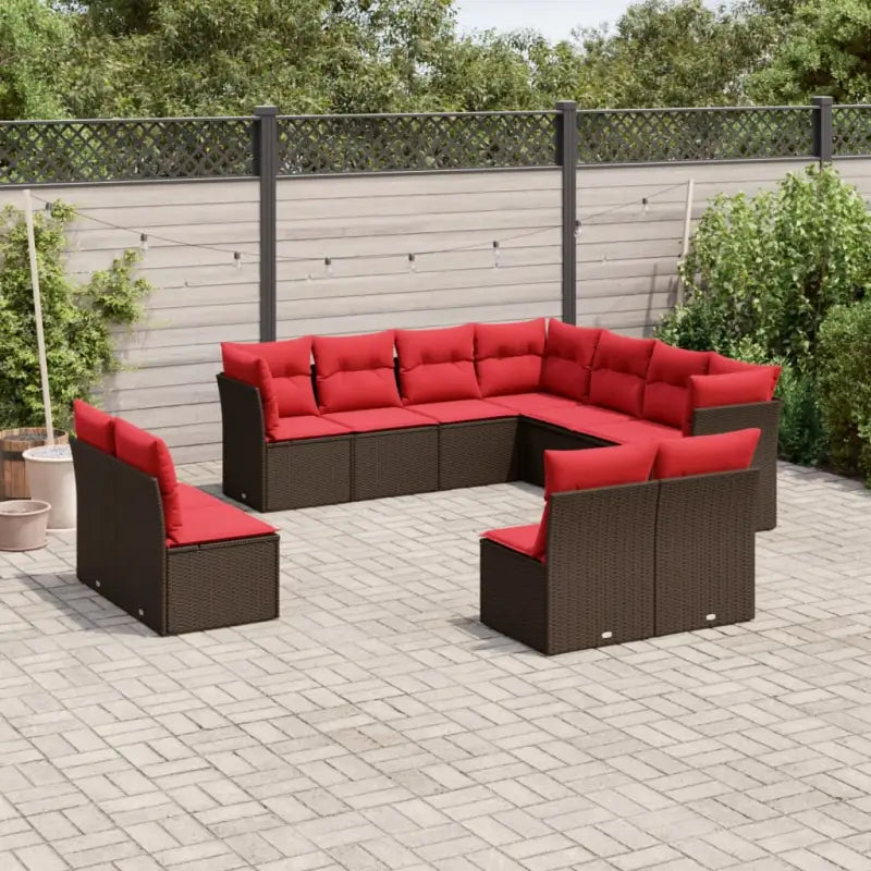 Loungeset in bruin materiaal met gepoedercoat staal en poly rattan - Bruin en rood / Zonder tafel - Tuinsets