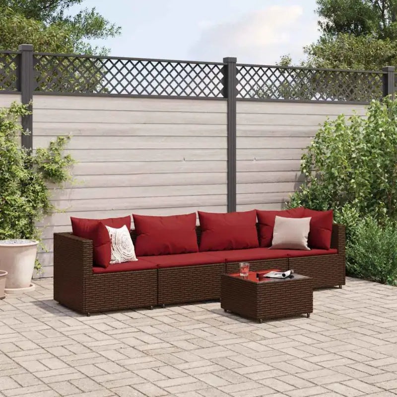 Loungeset in grijs materiaal met gepoedercoat staal en comfortabele rugkussens - Bruin en rood - Tuinsets