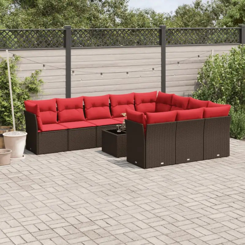 Loungeset in grijs materiaal met gepoedercoat staal en waterdichte tas - Bruin en rood / Met tafel - Tuinsets