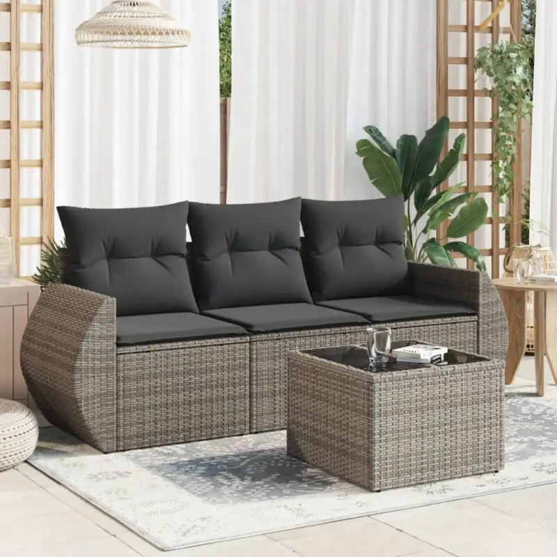 Loungeset met poly rattan en comfortabele zitervaring in gepoedercoat staal - Grijs / Met tafel - Tuinsets