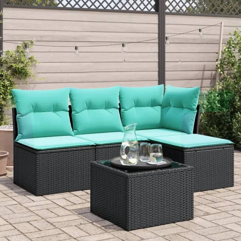 Loungeset van bruin materiaal met gepoedercoat staal en afmetingen - Zwart en blauw / Met tafel - Tuinsets