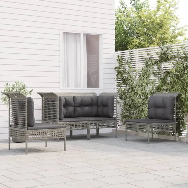 Loungeset van poly rattan met gepoedercoat staal in grijs materiaal - 2x hoek + 2x midden - Tuinsets