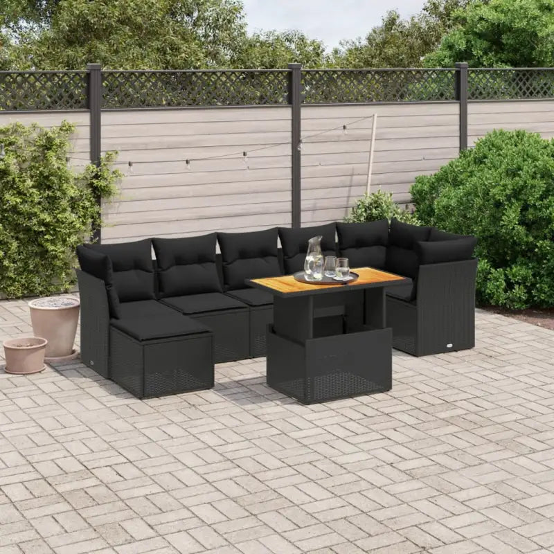 Loungeset van zwart materiaal en gepoedercoat staal voor buiten - Zwart / 3x midden + 3x hoek + voetensteun + Tafel