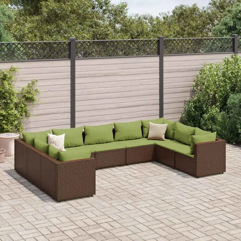 Loungeset voor tuin met grijs materiaal en gepoedercoat staal - Bruin en groen / 4x hoek + 5x midden - Tuinsets