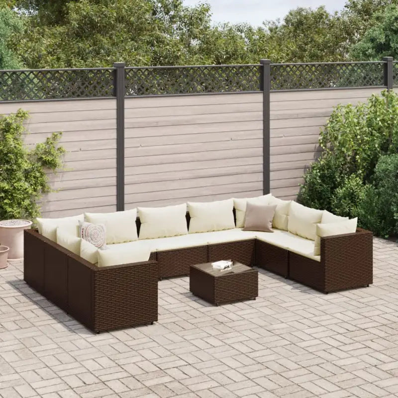 Loungeset voor tuin met grijs materiaal en gepoedercoat staal - Bruin en crème / 4x hoek + 5x midden + Tafel - Tuinsets