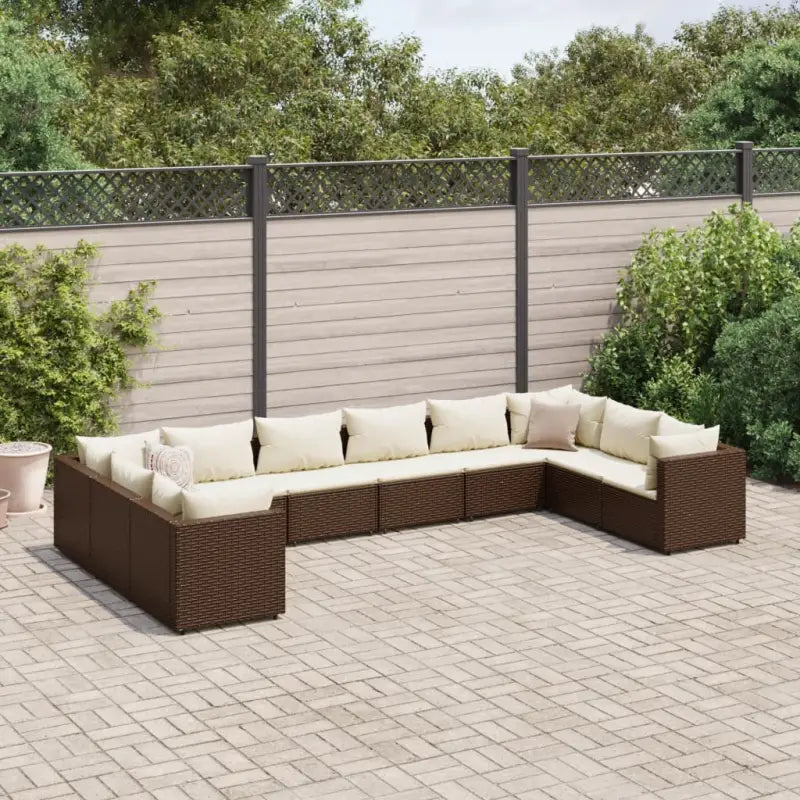 Loungeset voor tuin met grijs materiaal en gepoedercoat staal - Bruin en crème / 4x hoek + 6x midden - Tuinsets