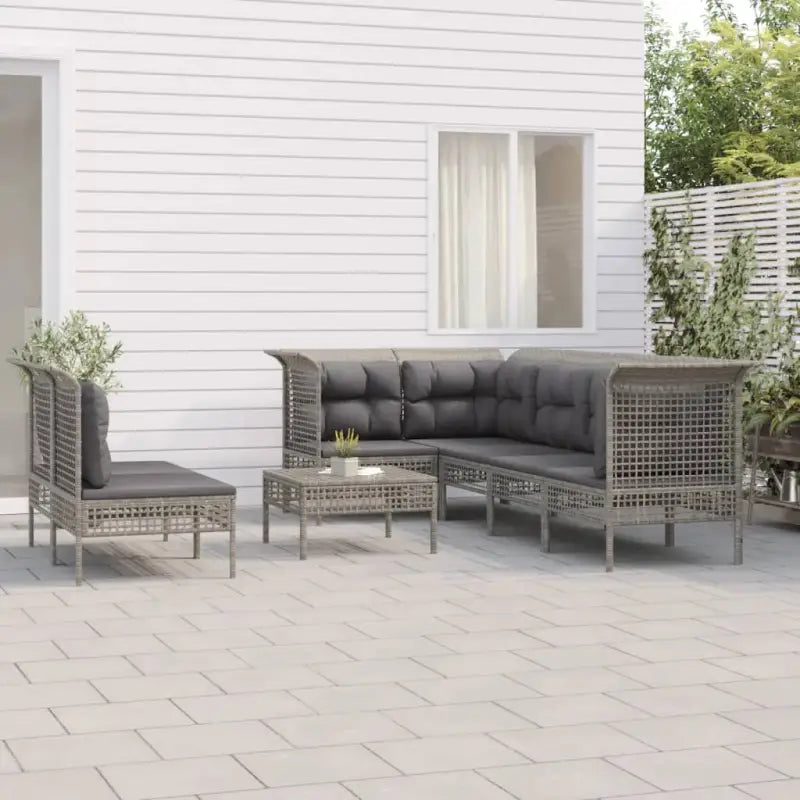 Loungetuinset in grijs materiaal met poly rattan en gepoedercoat staal - 3x hoek + 4x midden + voetensteun - Tuinsets