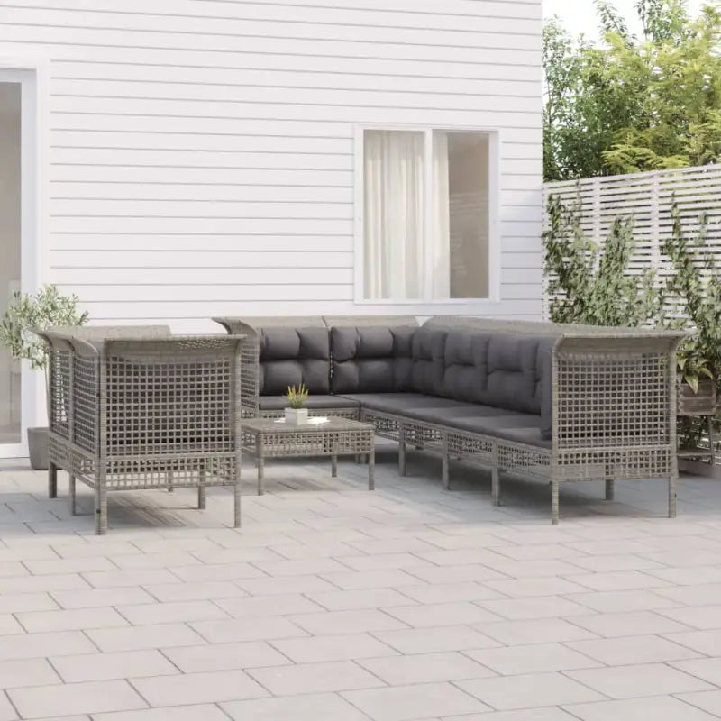 Loungetuinset in grijs materiaal met poly rattan en gepoedercoat staal - 5x hoek + 3x midden + voetensteun - Tuinsets