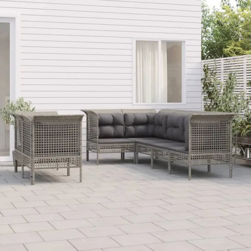 Loungetuinset in grijs materiaal met poly rattan en gepoedercoat staal - 5x hoek + 2x midden - Tuinsets