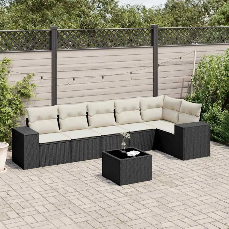 Loungetuinset van beige materiaal en gepoedercoat staal met afmetingen - Zwart en crème / Met tafel - Tuinsets